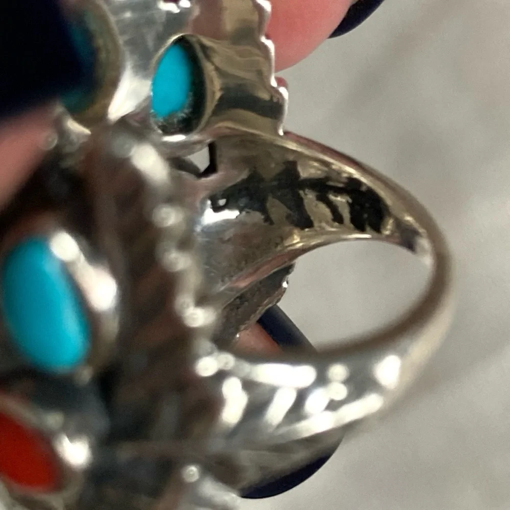 925 Sleeping Beauty Turquoise & Coral Ring Chief w/ Headdress Sterling Silver - Picture 8 of 10